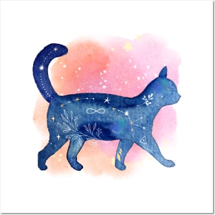 Cool aesthetic galaxy cat watercolor illustration design Posters and Art